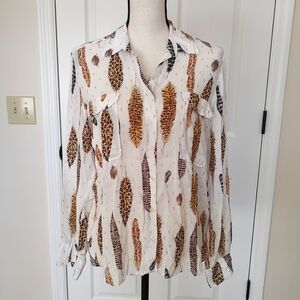 Vilagallo White Sheer Button-Down Shirt with Gold Accents Feather Print